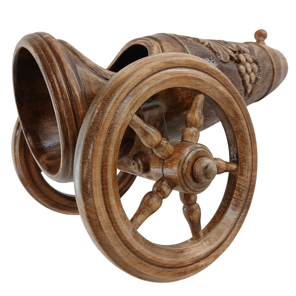 Hand Carved Wood Cannon Wine Bottle Holder Romania Grapes Rustic Bar Decor